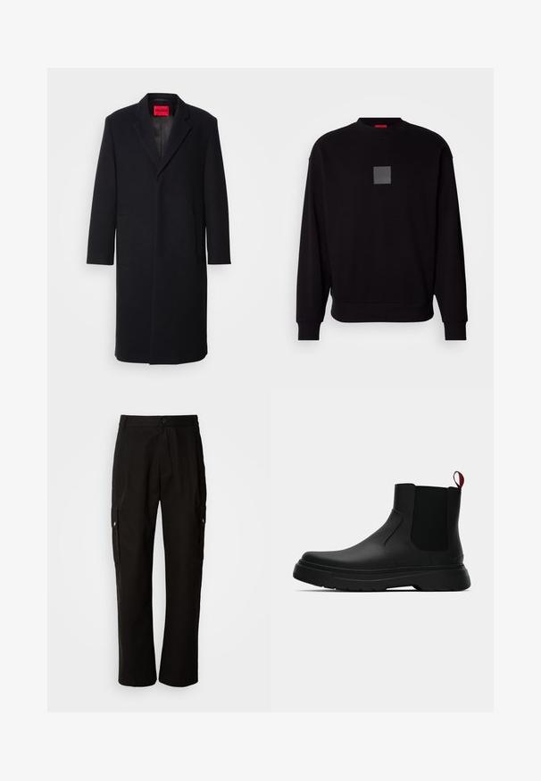 Casaco preto em mistura de lã com lapela notched, dois bolsos frontais e corte reto. Apresenta uma etiqueta da marca vermelha no interior. Textura suave.; Sweatshirt preto com mangas longas, gola redonda, um logótipo cinza em forma de quadrado na frente, textura suave e punhos e barra canelados.; Calças cargo pretas em algodão com um corte relaxado, apresentando bolsos laterais, fecho com botão e perna reta. Design simples sem padrões.; Botim preto até ao tornozelo com um acabamento liso, painéis laterais elásticos e uma pega vermelha em contraste, com uma sola de borracha espessa e bico arredondado.