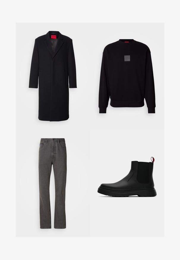 Μαύρο παλτό από μίγμα μάλλινου υλικού με πέτο, δύο μπροστινές τσέπες και ίσια γραμμή. Περιέχει ετικέτα μάρκας σε κόκκινο χρώμα εσωτερικά. Λείο υφασμά.; Μαύρη φούτερ μπλούζα με μακριά μανίκια, στρογγυλή λαιμόκοψη, εμπρός γκρι τετράγωνο λογότυπο, μαλακή υφή και ριμπ μανίκια και στρίφωμα.; Γκρι τζιν παντελόνι με ίσια γραμμή, που διαθέτει εμπρόσθιες τσέπες, κλείσιμο με κουμπί και διακριτή υφή.; Μαύρη αστράγαλη μποτάκι με λείο φινίρισμα, ελαστικές πλευρικές πάνελ και εναν αντίθετο κόκκινο χερούλι, με παχιά καουτσούκ σόλα και στρογγυλή μύτη.