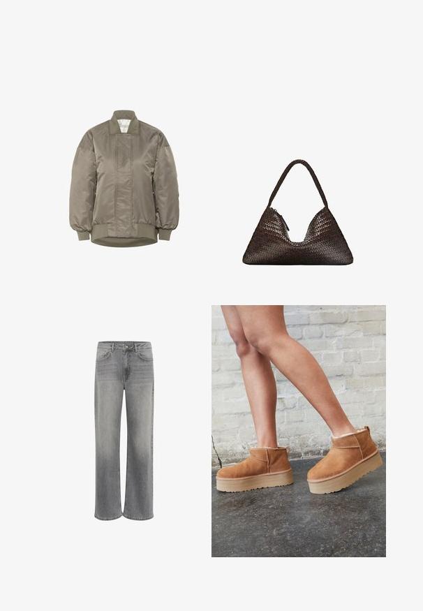 Olivegrüne Bomberjacke aus glänzendem Nylon mit geripptem Kragen und Bündchen, versehen mit diamantgeprägten Mustern auf der Vorderseite.; Hellgrauer, gestrickter Langarmpullover mit ribbeltem Saum und Bündchen, V-Ausschnitt und lässiger Passform.; Weißes T-Shirt mit kurzen Ärmeln aus Baumwolle. Hat einen Rundhalsausschnitt und eine lockere Passform. Glatte Textur ohne sichtbare Muster oder Akzente.; Weite Jeans aus grauem Denim mit hoher Taille, fünf Taschen, einem vorderen Knopfverschluss und dezentem Verblassen des Materials.; Braune Wildleder-Stiefeletten mit einem weichen Futter, dicker beige Plateau-Sohle und einer Zuglasche auf der Rückseite. Strukturiert Oberfläche mit sichtbaren Nähdetails.; Dunkelbraune, dreieckige, gewebte Lederhandtasche mit einem einzelnen geflochtenen Griff und sichtbarem Reißverschluss an einer Seite.; Set aus acht silbernen Ringen, verschiedene Designs, darunter glatte, strukturierte und einer mit kleinen Perlen. Merkmale sind Kurven und Akzente.