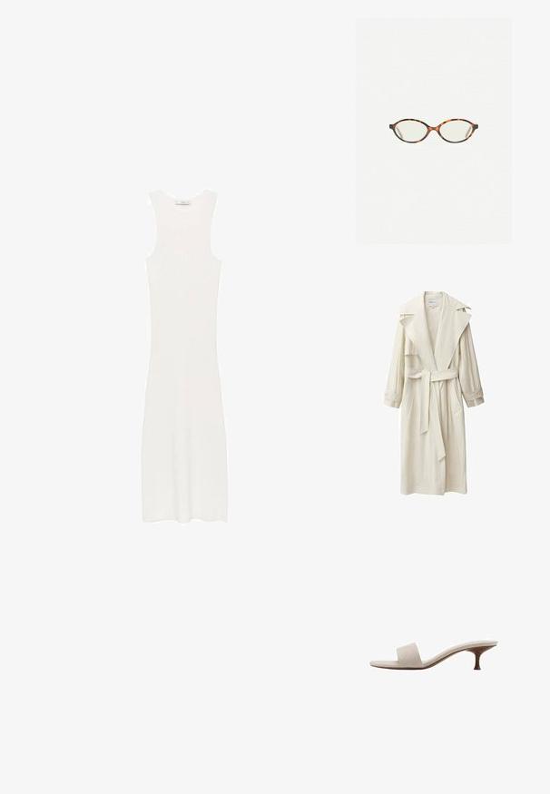 Jasny płaszcz trench z szerokim kołnierzem, długimi rękawami, wiązaniem w talii oraz bocznymi kieszeniami. Wykonany z lekkiej tkaniny o teksturowanym wykończeniu.; Biała, bezrękawnikowa sukienka z prążkowanego dzianiny o dopasowanym kroju, sięgająca poniżej kolan. Prosty i minimalistyczny design, bez wzorów i dodatków.; Sandały bez obcasa z beżową tkaniną wplecioną w górnej części, otwartym przodzie i wygiętą drewnianą podeszwą. Projekt cechuje się gładką teksturą i minimalistycznym kształtem.; Okulary w kolorze tortoiseshell z owalnymi soczewkami i gładkim, eleganckim wykończeniem. Posiadają cienkie boki z delikatnym łukiem w okolicy skroni. Przezroczyste soczewki.; Beżowa skórzana torebka o unikalnym kształcie, z dwoma krótkimi uchwytami i długim, regulowanym paskiem. Gładka tekstura z minimalną ilością elementów metalowych.