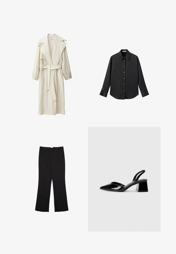Manteau en ivoire avec un large col, des manches longues, une ceinture à nouer et des poches latérales. Fabriqué en tissu léger avec une finition texturée.; Chemise noire à manches longues en tissu lisse, dotée d'un col classique, d'une fermeture à boutons sur le devant avec des boutons dorés, et de larges poignets.; Pantalon noir avec une coupe droite, doté de poches avant et d'éclairs sur l'ourlet. Fabriqué en tissu doux et lisse. Convient à diverses occasions.; Escarpins en cuir verni noir avec bout pointu et talon bloc géométrique. Présente un design élégant et minimaliste ainsi qu'une texture lisse.