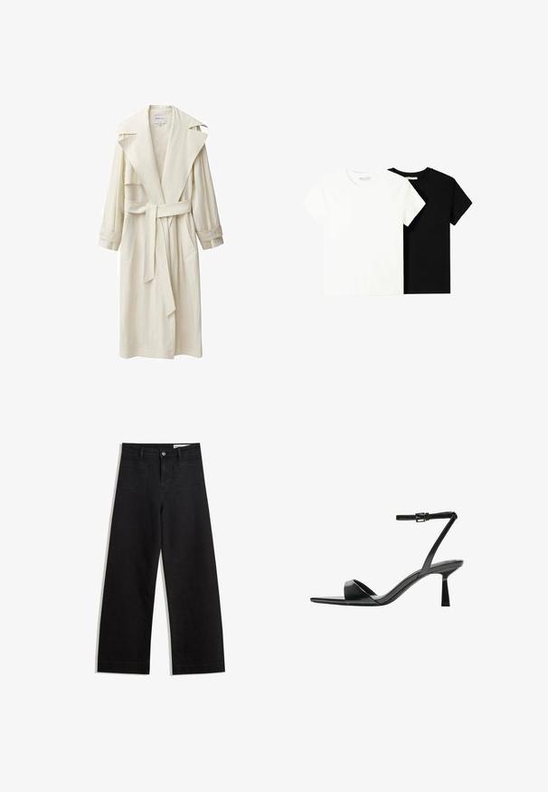 Cămașă de tren în nuanță de fildeș, cu guler lat, mâneci lungi, legătură cu curea și buzunare laterale. Fabricată dintr-un material ușor, cu un finisaj texturat.; Două tricouri cu mânecă scurtă, unul alb și unul negru, fabricate din bumbac. Ambele au un guler rotund și un design simplu, clasic.; Pantaloni din denim negri cu picioare largi, cu talie înaltă, având buzunare frontale și posterioare, cusături dublate și închidere cu nasture. Textură netedă.; Bershka Sandale cu toc - black