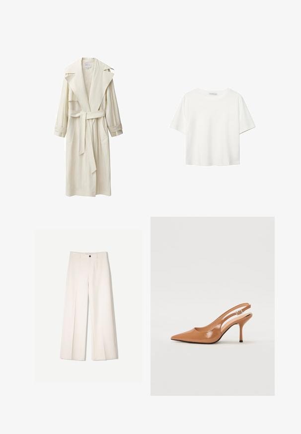 Slonasti plašč iz slonovine z širokim ovratnikom, dolgimi rokavi, pasom in stranskimi žepi. Narejen iz lahkega materiala z teksturirano površino.; Bela kratka majica s kratkimi rokavi iz bombaža. Ima okroglo izrezovanje in sproščen kroj. Gladka tekstura brez vidnih vzorcev ali poudarkov.; Kremne široke hlače s krojem, ki vključujejo dve sprednji žepi in en sprednji gumb za zapiranje, izdelane iz gladkega blaga.; Slinčaste pete z ostro konico v gladkem, sijočem bež materialu. Imajo ukrivljen rez in vitko stiletto peto. Podrobnost s srebrno zaponko.