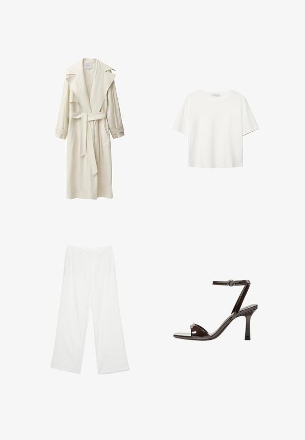 Valkoinen trench-takki, jossa on leveä kaulus, pitkät hihat, vyösolki ja sivutaskut. Valmistettu kevyestä kankaasta, jossa on teksturoitu pinta.; Valkoinen lyhythihainen T-paita, joka on tehty puuvillasta. Siinä on pyöreä kaula-aukko ja rento malli. Silkkinen pinta ilman näkyviä kuvioita tai koristeita.; Valkoiset leveälahkeiset housut, joissa on sileä rakenne, etutaskut ja klassinen vyötärö vyölenkeillä.; Sandaalit korkean koronan ruskeasta mokkanahasta, jossa on nilkkaremmi, avonainen kärki ja tyylikäs, minimalistinen muotoilu. Varusteena neliön muotoinen korko.