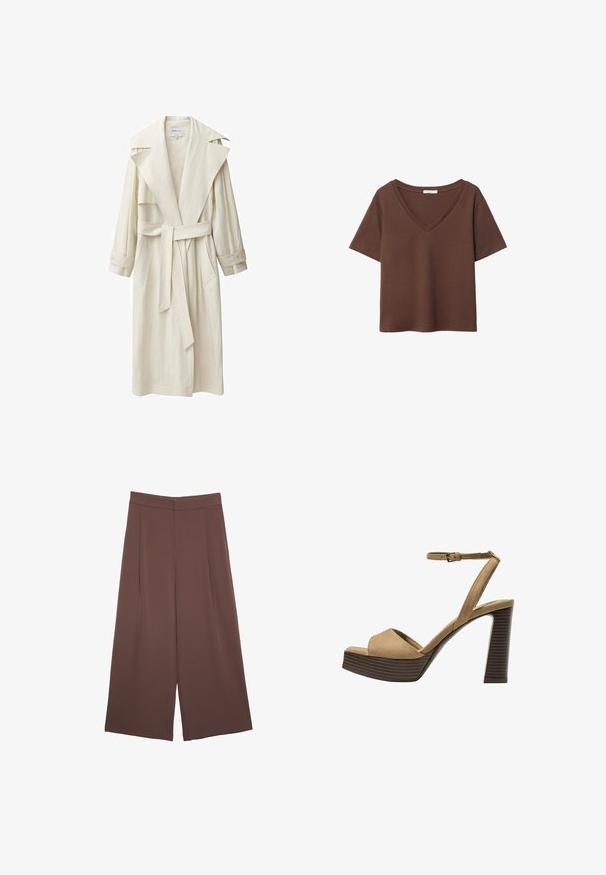 Jasny płaszcz trench z szerokim kołnierzem, długimi rękawami, wiązaniem w talii oraz bocznymi kieszeniami. Wykonany z lekkiej tkaniny o teksturowanym wykończeniu.; Brązowy bawełniany t-shirt z krótkimi rękawami i głębokim dekoltem w kształcie litery V. Prosty design, miękka faktura i prosty krój u dołu. Brak wzorów i akcentów.; Brązowe spodnie o szerokich nogawkach z gładką fakturą, z wysokim stanem i plisami z przodu. Materiał jest lekki i luźno opada.; Beżowe zamszowe sandały na wysokim obcasie z szerokim paskiem z przodu i paskiem za kostkę, z masywnym drewnianym obcasem o teksturowanym wykończeniu.