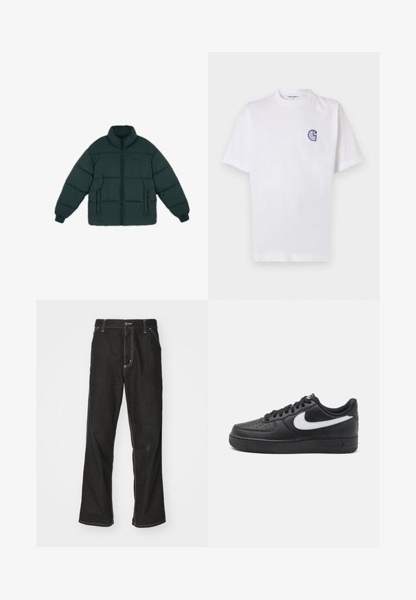 Zielona kurtka puchowa z wysokim kołnierzem, z przednim zamkiem błyskawicznym i dwoma bocznymi kieszeniami. Posiada poziome pikowane sekcje oraz elastyczne mankiety.; Biała bawełniana koszulka z krótkimi rękawami, okrągłym dekoltem i małym, niebieskim haftowanym logo "C" na lewej stronie klatki piersiowej.; Czarne dżinsy o luźnym kroju, z kontrastującymi białymi szwami, z zapięciem na guzik i prostą nogawką.; Czarne sneakersy Nike Air Force 1 z gładką skórzaną cholewką, białym akcentem logo, perforowanymi palcami oraz teksturowaną gumową podeszwą.