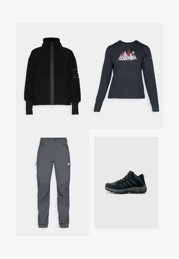 Svart fleecejakke med høy krage, frontglidelås og lange ermer. Den har et teksturert stoff og et merke på venstre arm.; Langermet mørkegrå skjorte med grafikk av røde trær og fjell; "COLUMBIA" logo i fet hvit tekst. Mykt stoff, standard rund hals.; Mørkegrå utendørsbukser med forsterkede kneputer, glidelås i sidelommer og frontlommer, knappelukking, og The North Face-logo på låret.; Columbia REDMOND - Fjellsko - black/citron haze