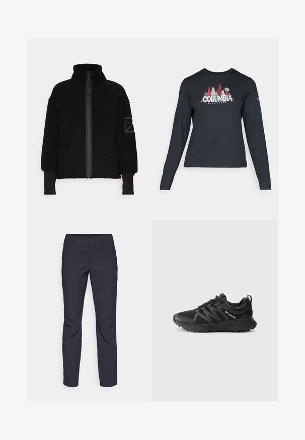 Svart fleecejakke med høy krage, frontglidelås og lange ermer. Den har et teksturert stoff og et merke på venstre arm.; Langermet mørkegrå skjorte med grafikk av røde trær og fjell; "COLUMBIA" logo i fet hvit tekst. Mykt stoff, standard rund hals.; Marineblå bukser laget av glatt stoff, med frontknappelukking, slim-fit design og pressede detaljer ved knærne.; Columbia PEAKFREAK - Fjellsko - black