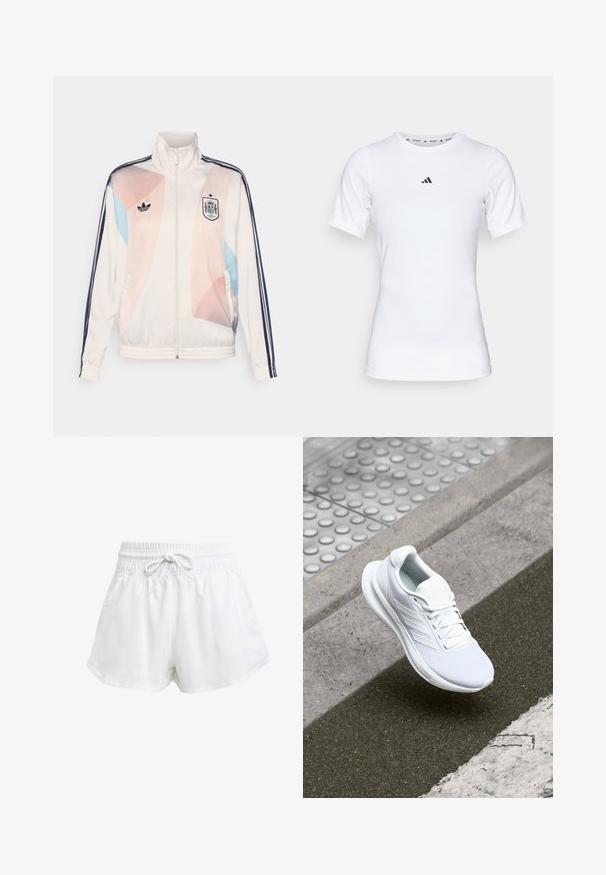 Hvit idrettsjakke med høy krage, med pastell geometriske mønstre i rosa og blått, Adidas-logo og marineblå striper.; Hvit idrettsskjorte med korte ermer, laget av glatt, elastisk stoff. Har en liten svart Adidas-logo på brystet.; Hvite sportsbukser med elastisk midje og justerbar snor. Laget av lett materiale, med sidelommer og løs passform.; Hvit atletisk sko med mesh-overdel, snørelukking og strukturert såle. Diskret merkevare og sømløse konstruksjonsdetaljer synlige.