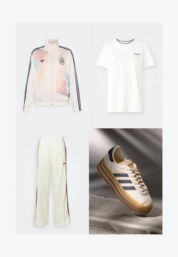 Vit sportjacka med hög krage, prydd med pastellfärgade geometriska mönster i rosa och blått, Adidas-logotyp och marinblå ränder.; Vit bomullströja med korta ärmar och rund halsringning. Har en svart Adidas-logotyp på bröstet och en kontrasterande svart innerkrage.; Krämfärgade sweatpants med avslappnad passform, som har mörkbruna sidosträck och en broderad logotyp på vänster lår.; Adidas Gazelle-sneaker med en överdel i creamfärgad mocka, blå läderdetaljer, tre blå ränder, en beige mellansula och en brun gummisula.