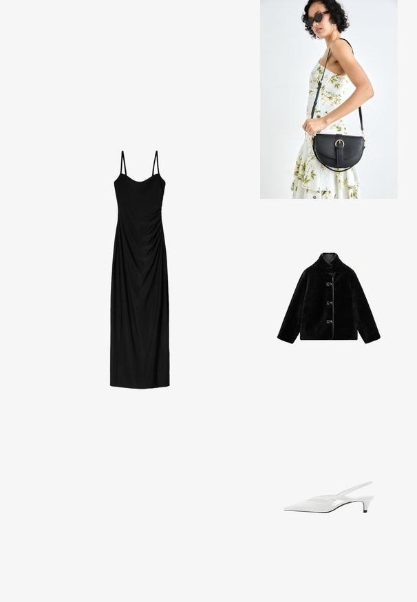 Black faux fur coat with a high collar, featuring four round buttons, and smooth black trim along the edges. Soft texture with a boxy shape.; Black midi dress with thin adjustable straps, featuring a draped design and smooth texture. No visible patterns or embellishments.; White slingback heel with pointed toe, featuring a smooth upper, subtle cutouts, and a low block heel. Black sole accentuates design.; Black leather handbag with a curved shape, detachable strap, and gold hardware. The bag features a flap with a buckle detail.