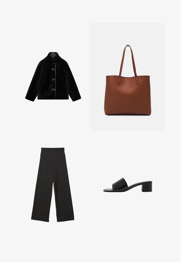 Svart fuskpälsjacka med hög krage, som har fyra runda knappar och släta svarta kanter längs sidorna. Mjuk textur med en fyrkantig form.; Svart ärmlös crop top i mjukt tyg, med rund hals och en ren, enkel design utan mönster eller detaljer.; Svarta vida byxor med hög elastisk midja, mjukt tyg och lös passform, lämpliga för avslappnad klädsel eller lediga tillfällen.; Svart läder öppen-toe slide sandal med ett brett band och en solid klack. Har en slät yta och minimalistisk design.; Brun läder tote-väska med en slät textur, öppen toppdesign och två axelremmar. Har minimal söm och ingen synlig metalldetalj.