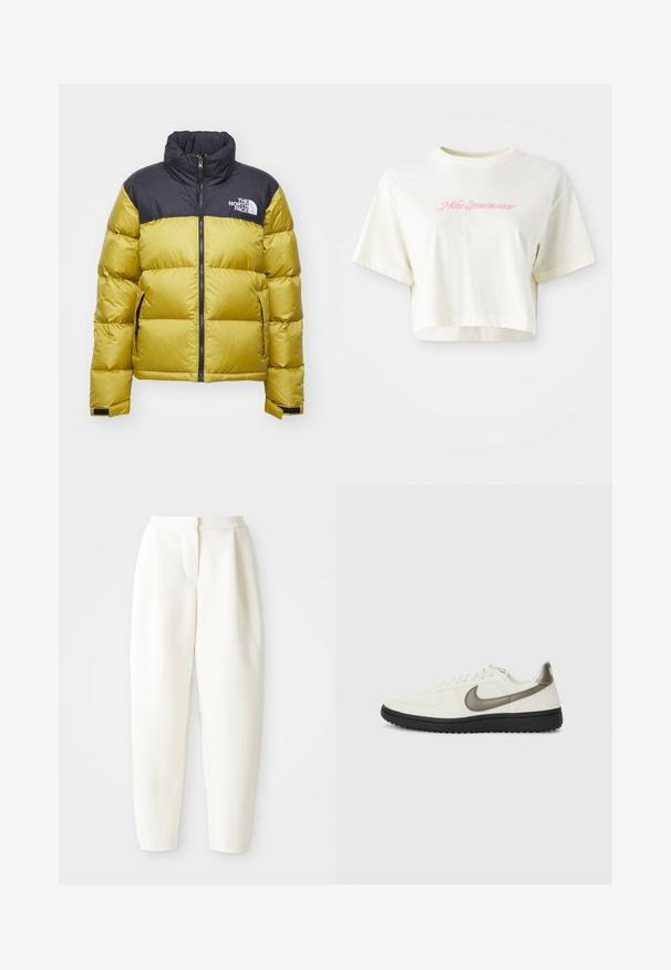 The North Face RETRO NUPTSE JACKET - Pūkinė striukė - amber green/black; Trumpas, kreminės spalvos marškinėliai, pagaminti iš medvilnės. Puošti rožiniu siuvinėtu logotipu su užrašu "Nike Sportwear." Trumpomis rankovėmis ir apvaliu kaklu.; Baltos aukšto liemens siaurėjantys keliai su paslėptu priekinio uždarymo mechanizmu ir šoninėmis kišenėmis, pristatyti prieš paprastą baltą foną.; Nike Sportswear FIELD GENERAL - Sportbačiai - off-white/black