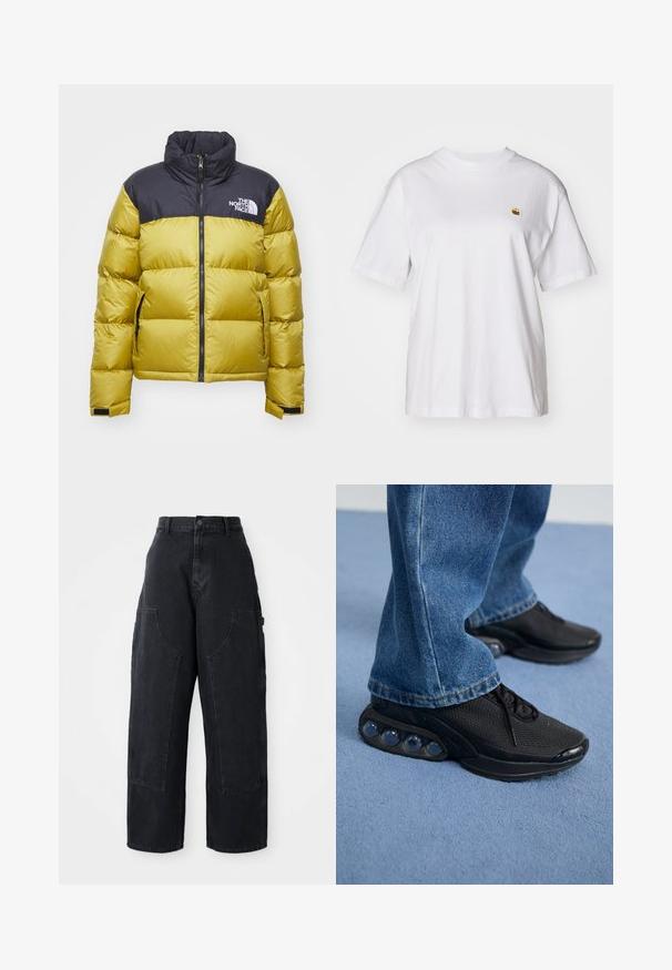 The North Face RETRO NUPTSE JACKET - Tollkabát - amber green/black; Fehér pamut póló laza szabással, rövid ujjakkal és egy kis hímzett logóval a bal mellrészén.; Fekete, bő szárú, magas derekú farmernadrág, két nagy elülső zsebbel és gombos derékzárral. Simas textúra, hétköznapi dizájn.; Fekete sportcipők hálós felsőrésszel, textúrázott részletekkel és a talpban látható lég párnázó zsebekkel. Kék farmernadrággal viselve.