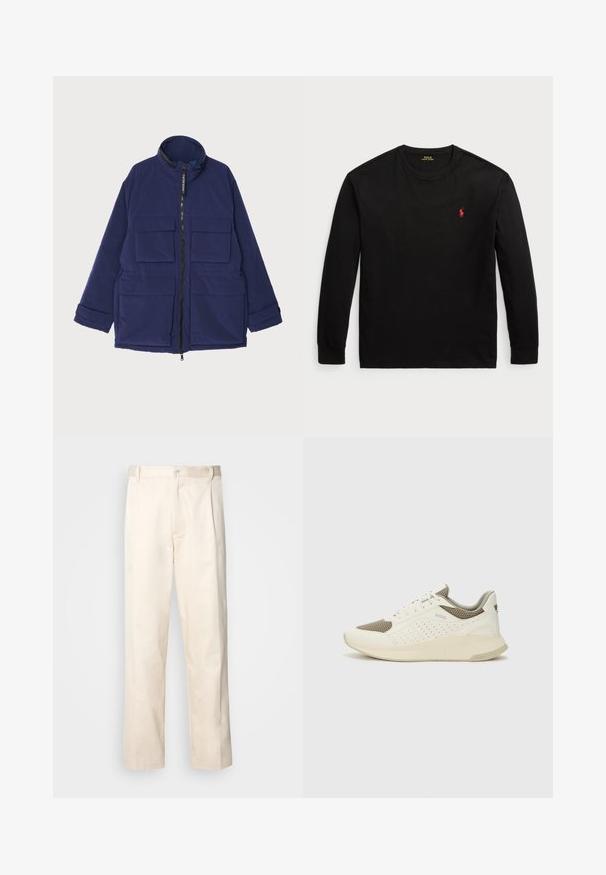 Tengerészeti kékszínű szigetelt dzseki, magas gallérral, elöl cipzárral és több külső zsebbel, sima textúrával.; Fekete, hosszú ujjú pamut póló. Kerek nyakkal, bordás mandzsettákkal és egy kis piros hímzett logóval rendelkezik a mellrészen. Sima tapintású.; Beige pamut nadrág egyenes szárú kivágással, gombos záródással és elülső redőkkel a részletek fokozása érdekében.; Fehér és világos bézs sportcipő, légies hálós felsőrésszel, perforált részletekkel és texturált középtalppal, amelyen a saroknál a márka logója található.