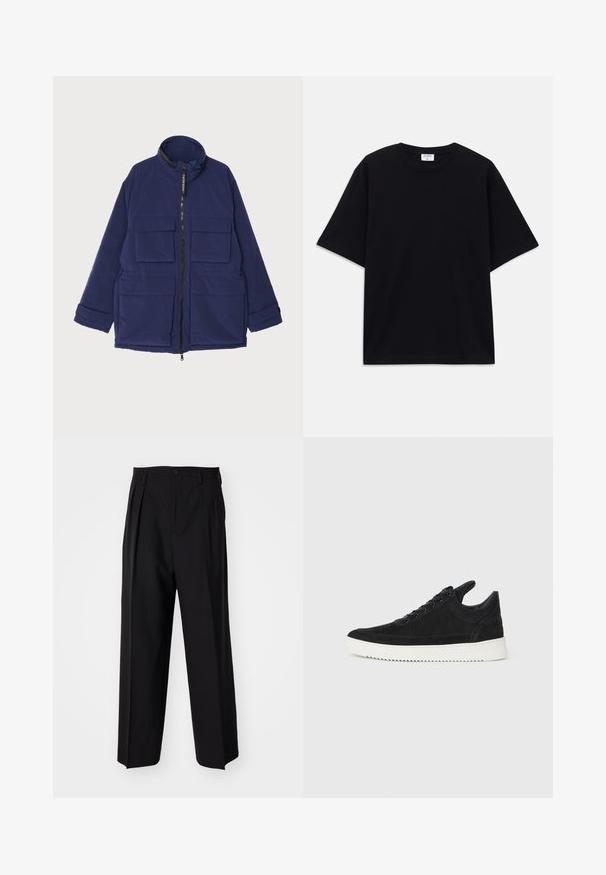 Navy blue insulated jacket featuring a high collar, front zip closure, and multiple external pockets with a smooth texture.; Black short-sleeve oversized T-shirt with round neckline and visible Filippa K brand label inside the collar.; Black pleated trousers with a straight, wide-leg design. Made from smooth fabric, featuring a button closure and belt loops.; Black suede sneaker with a white rubber sole, featuring tonal stitching and lace-up design. Smooth texture with a modern, streamlined shape.