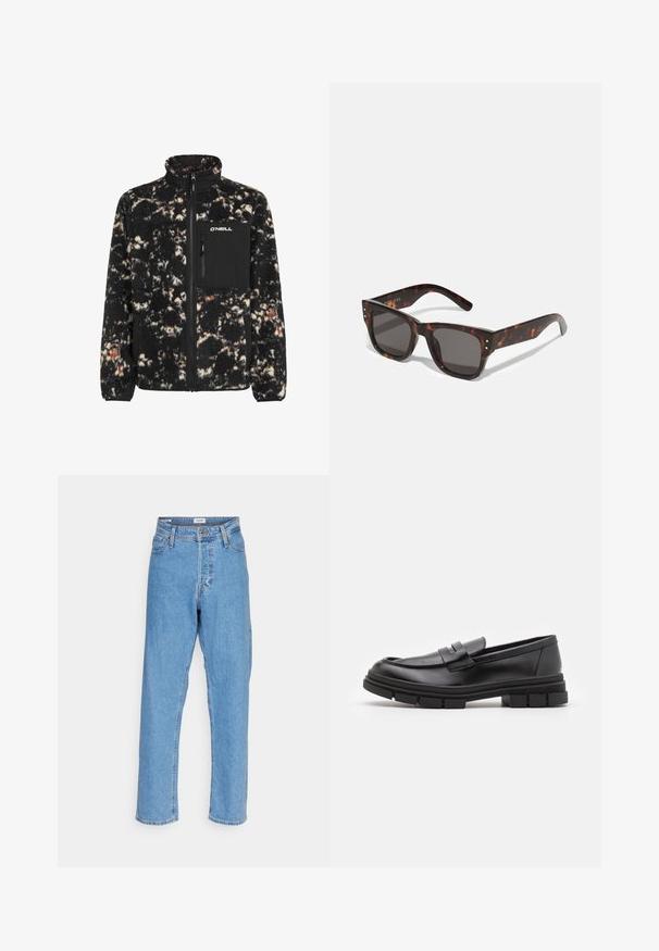 Black and cream fleece jacket with a high collar, zippered front, and chest pocket. Features a textured, fuzzy surface with a blend of colors.; Black turtleneck sweater made of a soft knit material. Features long sleeves, ribbed collar, and hem. Simple, sleek design without patterns.; Light blue high-waist straight-leg jeans with front button, zipper closure, belt loops, and five-pocket design on white background.; Black leather loafers with a smooth finish, featuring a front strap detail and a chunky rubber sole with grooved accents.; Tortoiseshell sunglasses with dark lenses, square frame, and silver accent studs on the front. Made of plastic, lightweight and durable.