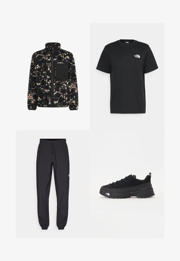 Giacca in pile nera e crema con colletto alto, frontale con zip e tasca sul petto. Presenta una superficie testurizzata e fluffy con una miscela di colori.; T-shirt nera in cotone con maniche corte, colletto a giro, e un piccolo logo bianco sul lato sinistro del petto. Design semplice, texture liscia e vestibilità rilassata.; Pantaloni sportivi neri realizzati in tessuto leggero, con vita regolabile con cordino, tasche laterali e orli affusolati alle caviglie.; Sneaker da esterno nera con parte superiore in suede, suola in gomma testurizzata e robusto sistema di allacciatura. Presenta un tallone rinforzato e il logo del marchio sul lato.