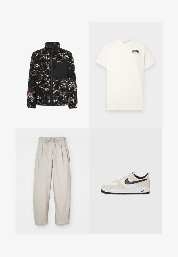 Black and cream fleece jacket with a high collar, zippered front, and chest pocket. Features a textured, fuzzy surface with a blend of colors.; Cream-colored cotton t-shirt with short sleeves, featuring "NIKE SB" in black and red text on the chest. Standard round neckline.; Beige, lightweight trousers with an elastic waistband and drawstring. Features pleats and a loose fit, crafted from soft, smooth fabric.; Sneakers with a light beige suede and white leather upper, black Nike swoosh, black accents, and a white rubber sole featuring "AIR" branding.