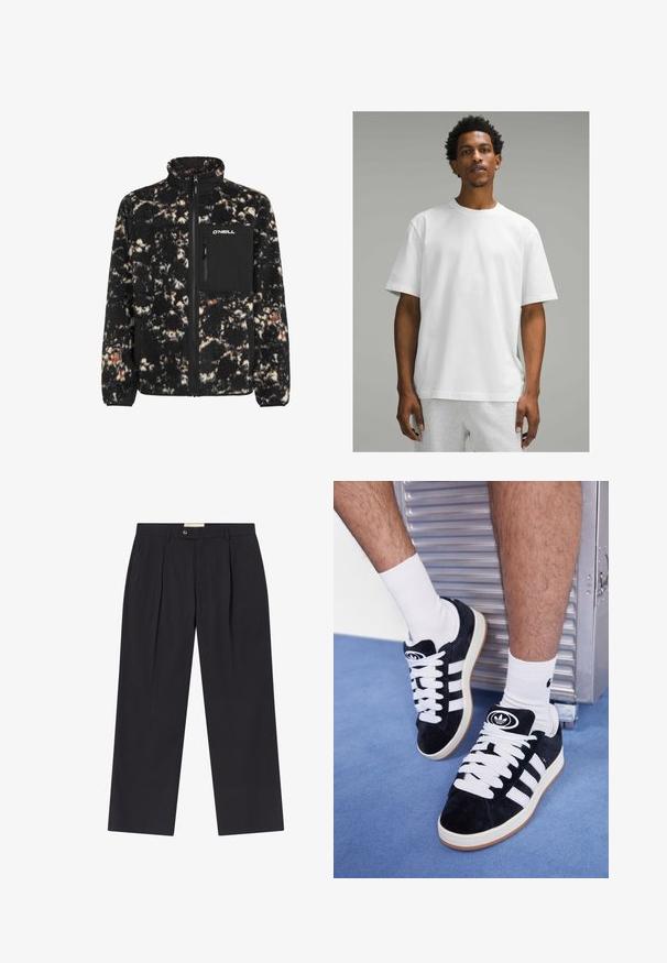 Schwarze und cremefarbene Fleecejacke mit hohem Kragen, Reißverschluss vorne und Brusttasche. Sie hat eine strukturierte, flauschige Oberfläche mit einem Farbmix.; Weißes Baumwoll-T-Shirt mit kurzen Ärmeln, rundem Halsausschnitt und lockerem Schnitt. Glatte Textur, schlichtes Design, keine sichtbaren Muster oder Akzente.; Maßgeschneiderte dunkelblaue Stoffhosen mit hoher Taille, zwei frontalen Falten, Knopfverschluss und geraden Beinen aus glattem Material.; Schwarze Wildledersneaker mit weißen Schnürsenkeln und drei weißen Streifen. Verfügt über ein kreisförmiges schwarzes Logo auf der Zunge und eine Gummisohle.