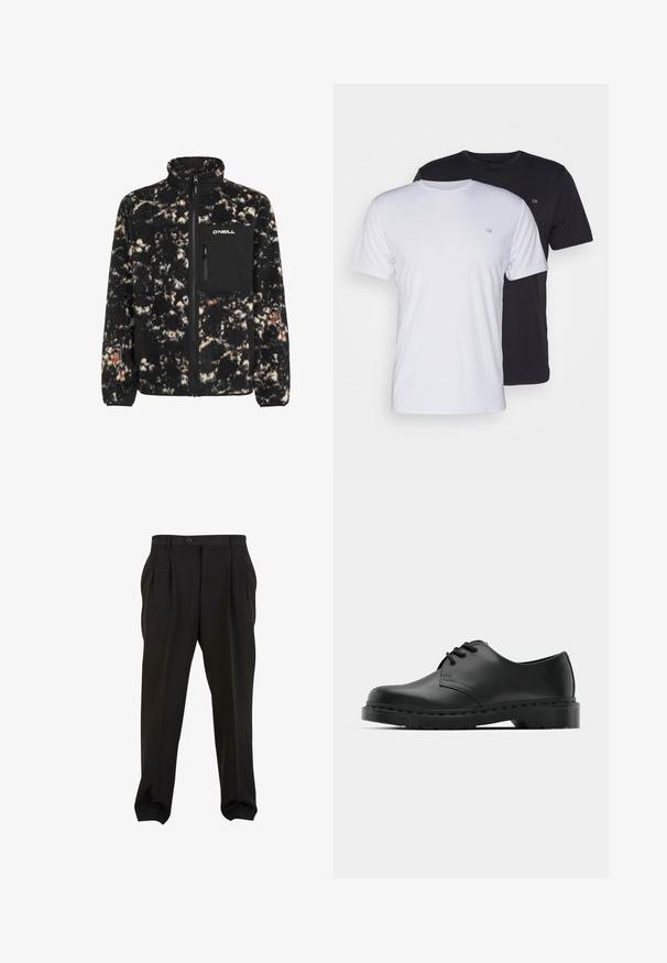 Fekete és krém színű bolyhos dzseki magas gallérral, cipzáras elülső résszel és mellzsebbel. Jellemzője a texturált, bolyhos felület, ami színek keverékéből áll.; Két pamut póló, fehér és fekete színben, rövid ujjú, kerek nyakkal, a mellrészen egy kis logóval, sima textúrával.; Fekete nadrág sima anyagból, elöl pleátokkal, gombos derékpánttal és keskenyített bokarészekkel. Klasszikus szabásvonal.; Fekete bőr oxford cipő fűzős kialakítással, kerek orral, lapos gumitalppal és finom varrással a felső részen.