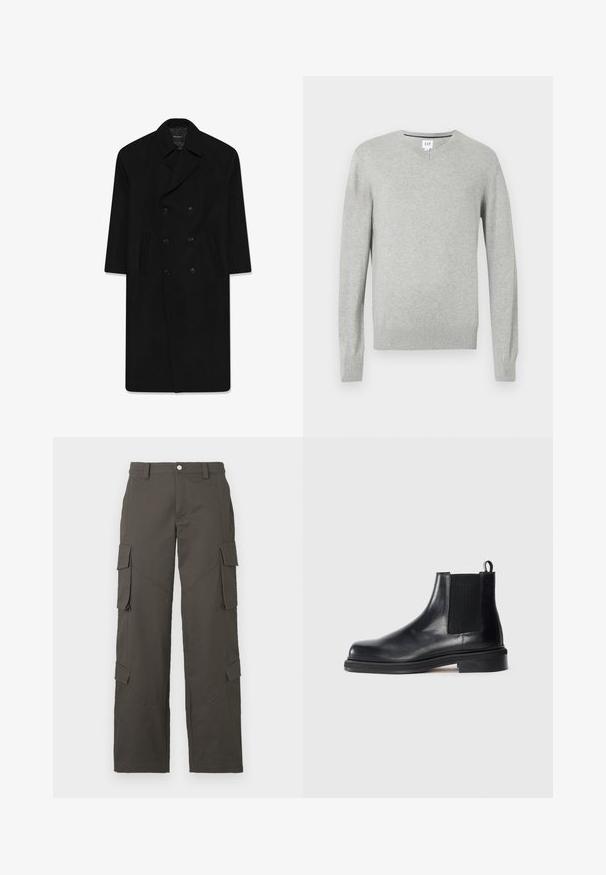 Čierny dvojradový kabát s klopovým golierom, dvoma prednými vreckami a rovnými líniami. Vyrobený z vlnenej tkaniny s hladkým povrchom.; Svetlošedý sveter, výstrih do V, dlhé rukávy, ribbované manžety a spodný lem, mäkká textura. Značka umiestnená na výstrihu.; Biela bavlnená tričko s okrúhlym výstrihom, krátkymi rukávmi a voľným strihom. Hladká textura, žiadne vzory ani ozdoby.; Tmavohnedé cargo nohavice s rovnými nohavicami, so zapínaním na gombík a štyrmi vreckami s chlopňou, dvoma na stehnách a dvoma blízko lýtok.; Čierne kožené Chelsea čižmy s elastickým bočným panelom, okrúhlou špičkou, pútkom na päte a nízkou stohovanou podrážkou na jednoduchom pozadí.