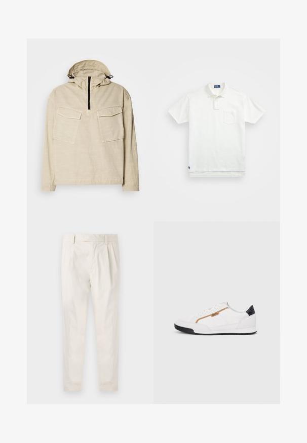 Beidži pulovers ar pusceļojuma aizdari, divām krūšu kabatām, regulējamu kapuci ar šnēru un garām piedurknēm. Gluda, viegla auduma.; Balta polo krekls, izgatavots no kokvilnas, ar klasisku apkakli, trīs pogu aizdari un kreisajā krūtī kabatu; neliels logo apakšmalā.; Baltas, pleitēts bikses ar piegriezumu, kas pielāgots figūrai, ar gludu tekstūru, jostas cilpām un sašaurinātiem galiem. Nav redzamu kabatu vai rakstu.; Baltijas krāsā baltas sporta kurpes ar acu un ādas akcentiem. Iezīmējas ar zelta "BOSS" logo, teksturētām sānu paneļiem un melnu papēža kapu. Gumijas zole.