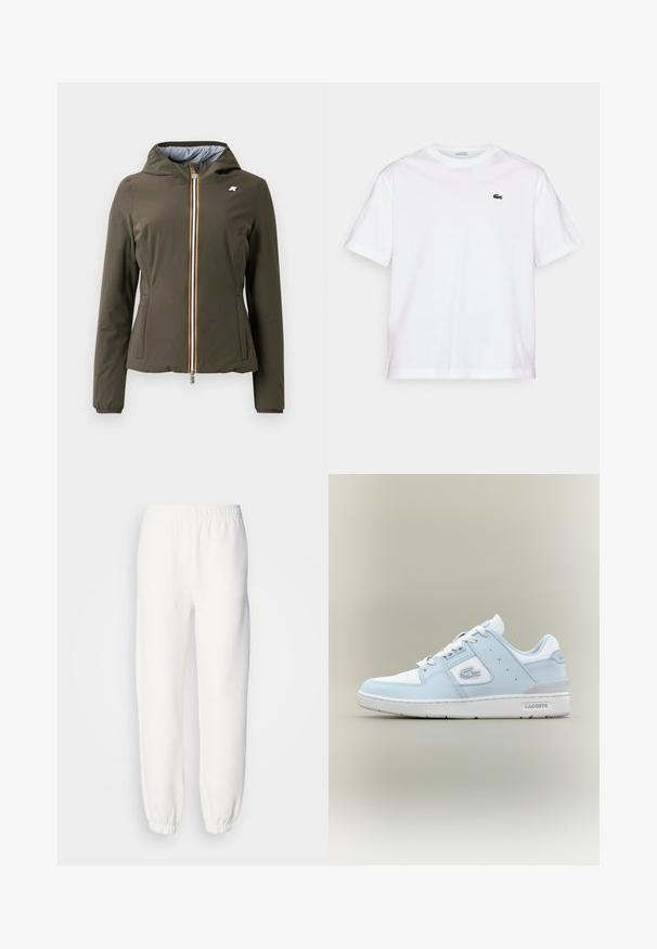 Olīvu zaļš viegls žakets ar kapuci, ar rāvējslēdzēju priekšā un daudzkrāsu svītru, kā arī elastīgām aprocēm. Iekļautas sānu kabatas.; Balta kokvilnas T-kreklu ar apaļu kakla izgriezumu un īsām piedurknēm. Uz krūtīm ir zaļš izšūts logotips. Mīksta tekstūra, brīvi pieguļošs fasona.; Baltās sporta bikses, kas izgatavotas no mīksta adīta auduma. Elastīga josta un piedurknes nodrošina brīvu piegriezumu. Minimālistisks dizains, bez redzamām rakstu vai akcentu detaļām.; Gaiši zila ādas sporta apavi ar baltām akcentiem, apaļu degunu, teksturētu paneļu uz sāniem un pelēku papēdi. Iespējama klasiskā šņorēšanas dizaina.