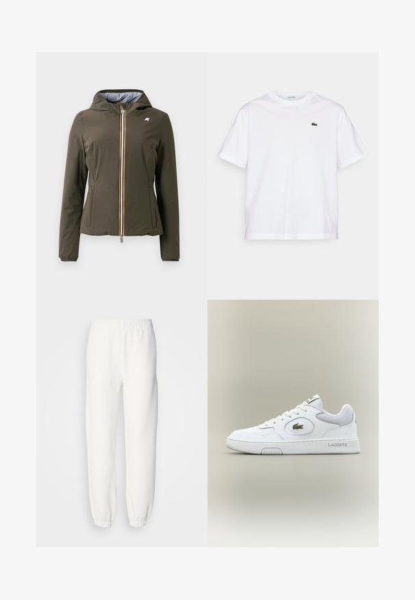 Jachetă verde măsliniu, ușoară, cu glugă, având un fermoar frontal cu o dâră multicoloră și manșete elastice. Include buzunare laterale.; Tricou alb din bumbac, cu gât rotund și mâneci scurte. Prezintă un logo brodat verde pe piept. Textură moale, croială lejeră.; Pantaloni de trening albi dintr-un material tricotat moale. Talie și manșete elastice pentru un confort sporit. Design minimalist, fără modele sau accente vizibile.; Adidași din piele albă cu accente din plasă, vârf rotund și șireturi plate. Prezintă un logo de crocodil verde și branding "LACOSTE" pe călcâi.