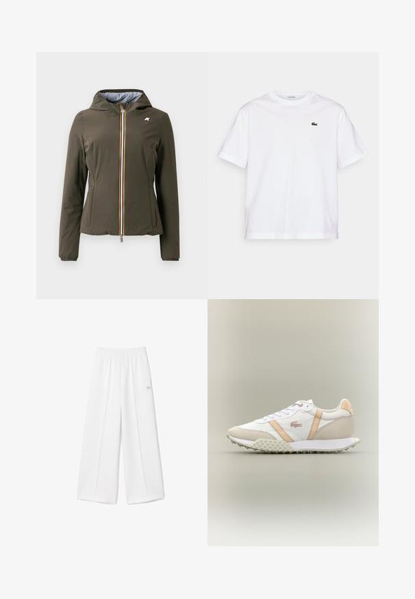 Olive green lightweight jacket with a hood, featuring a zip front with a multicolored stripe and elastic cuffs. Side pockets included.; White cotton T-shirt with a round neckline and short sleeves. Features a green embroidered logo on the chest. Soft texture, relaxed fit.; White wide-leg trousers with an elastic waistband, soft fabric texture, center pleats, and a small Lacoste logo embroidered on the side.; White and beige low-top sneaker with textured sole, lace-up front, and beige side stripes on neutral background.