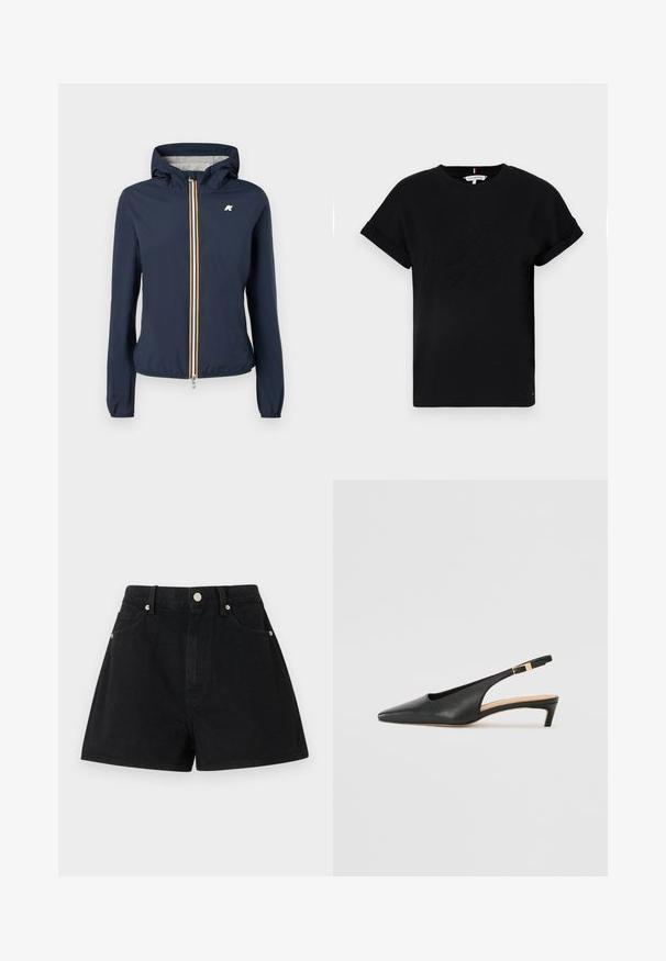 Mornarska jakna na vetru s kapuco, z sprednjim zadrgo z več barvnimi črtami, elastičnimi manšetami in logotipom na prsih.; Črna bombažna majica s kratkimi rokavi, ki je zavita, z reljefnim logotipom na sredini in majhnim naglasnim zastavnim motivom na strani.; Črne denimske kratke hlače z visokim pasom, petimi žepi, srebrno strojno opremo in standardnim krojem, ki se ponašajo z gladko teksturo in čistimi robovi.; Črne usnjene slingback pete s koničastim nosom, nizko peto in nastavljivim gležnenim trakom, ki ima zaponko z zlatim odtenkom. Gladka tekstura.