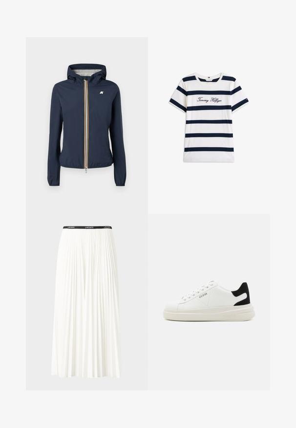 Marine vindjakke med hætte, der har en frontlynlås med multicolor striber, elastiske manchetter og et logo på brystet.; T-shirt i bomuld med vandrette marineblå striber på en hvid baggrund. "Tommy Hilfiger" broderet i kursiv på brystet. Rund hals.; Plisseret hvid nederdel med en sort elastisk talje, der har "LACOSTE"-logoet. Mellemlang design med blød tekstur.; Hvide lædersneakers med en tyk hvid sål, sort ruskindhælvægt og prægede logoer på siden. Snørebåndsdesign med seks øjer.