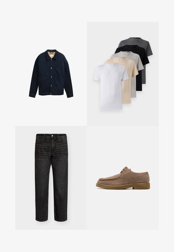Ciemnoniebieska dżinsowa kurtka z zapięciem na guziki, spiczastym kołnierzem, pojedynczą kieszenią na piersi i beżowym polarem w środku. Posiada długie rękawy i luźny krój.; Zestaw pięciu t-shirtów z krótkim rękawem w kolorach białym, beżowym, jasnoszarym, ciemnoszarym i czarnym. Wykonane z gładkiej bawełny, z klasycznym dekoltem.; Czarne dżinsy o prostym kroju, z średnim stanem, pięcioma kieszeniami i metalowym zapięciem. Gładka tekstura z delikatnym wyblaknięciem.; Zign - Sznurowane obuwie sportowe