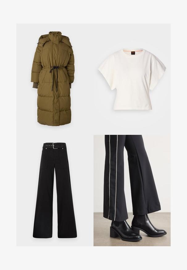 Olive green padded long coat with a high collar, drawstring waist, and ribbed sleeve cuffs. Smooth texture and zippered pockets.; White cropped T-shirt, short wide sleeves, soft cotton material, round neckline with subtle orange trim, minimal design, no patterns or graphics.; Black wide-leg trousers made from cotton, featuring a high waist, large side pockets, and a belted waist with silver hardware accents.; Black leather ankle boots with a block heel, featuring elastic side panels. Paired with black pants that have a white side stripe.