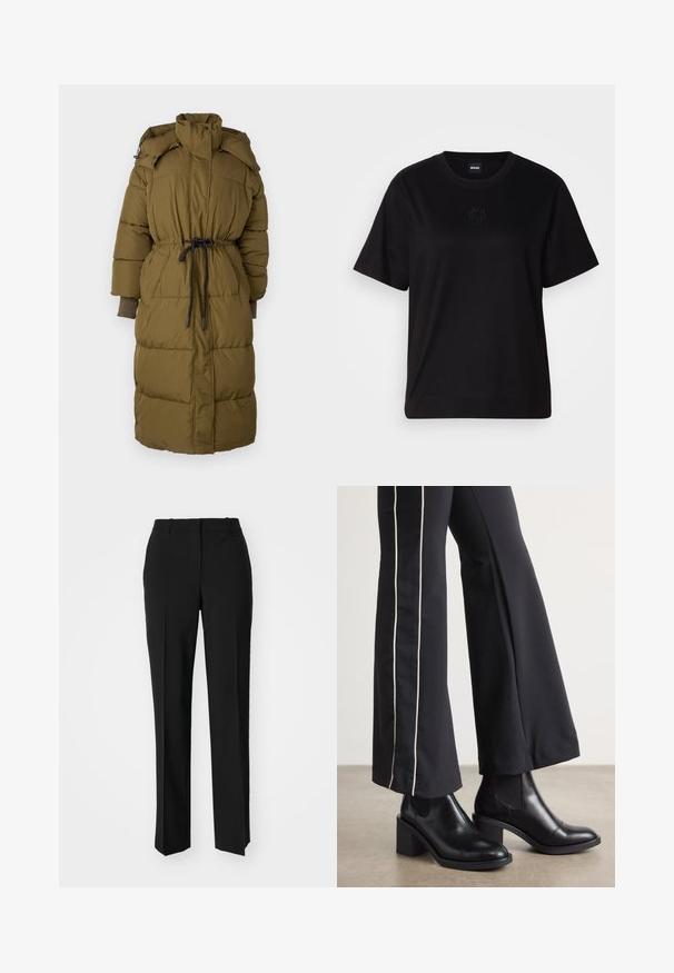 Olivenfarvet, polstret lang frakke med høj krave, snor i taljen og ribbede ærmekanter. Glat tekstur og lynlåslommer.; Sort bomulds t-shirt med rund halsudskæring, korte ærmer og et broderet logo på brystet. Enkel, afslappet pasform uden mønstre.; Sorte skræddersyede bukser med lige ben-design, der har en glat tekstur og skarpe folder langs fronten. Ingen synlige hardware.; Sorte læder ankelstøvler med blokhæle, udstyret med elastiske sidepaneler. Kombineret med sorte bukser, der har en hvid side stripe.