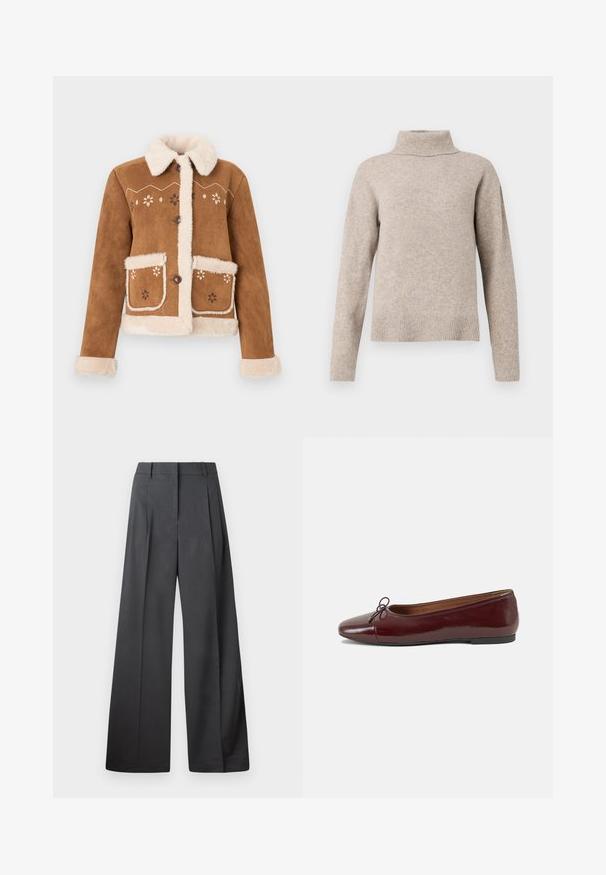 Giacca in camoscio marrone con colletto e polsini in pelliccia ecologica beige. Presenta ricami floreali sul davanti e due tasche frontali. Chiusura con bottoni.; Maglione beige con collo a imbuto realizzato in morbido materiale a maglia. Presenta un colletto e dei polsini a costine, con una vestibilità leggermente oversize e rilassata.; Pantaloni a gamba larga in tessuto grigio scuro, con vita alta, pieghe singole e una texture liscia con una finitura pulita sui orli.; Ballerine in pelle verniciata bordeaux con punta arrotondata, piccolo fiocco decorativo sulla parte anteriore e suola bassa in gomma nera. Texture liscia.