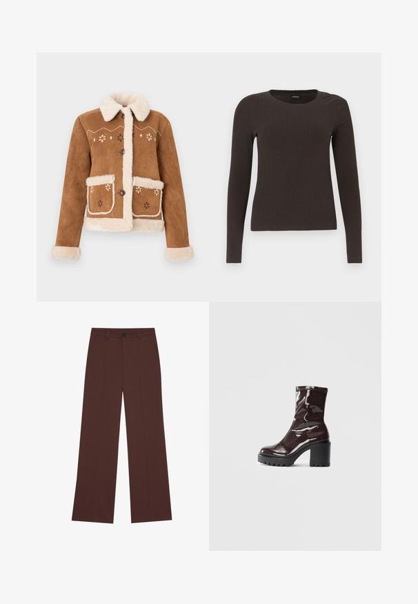 Casaco de camurça castanha com colarinho e punhos de pêlo falso bege. Apresenta bordado floral na frente e dois bolsos frontais. Fecho de botões.; Top castanho de manga longa em malha com decote redondo. Feito de um material suave e elástico, apresentando um silhueta ajustada e detalhes mínimos.; Calças largas em tecido castanho escuro. Apresentam um fecho com botão, duas bolsos frontais, textura suave e linhas limpas.; Bota de tornozelo burgundy brilhante com um salto preto robusto, apresentando uma textura suave e um design simples. Sem fechos ou padrões visíveis.