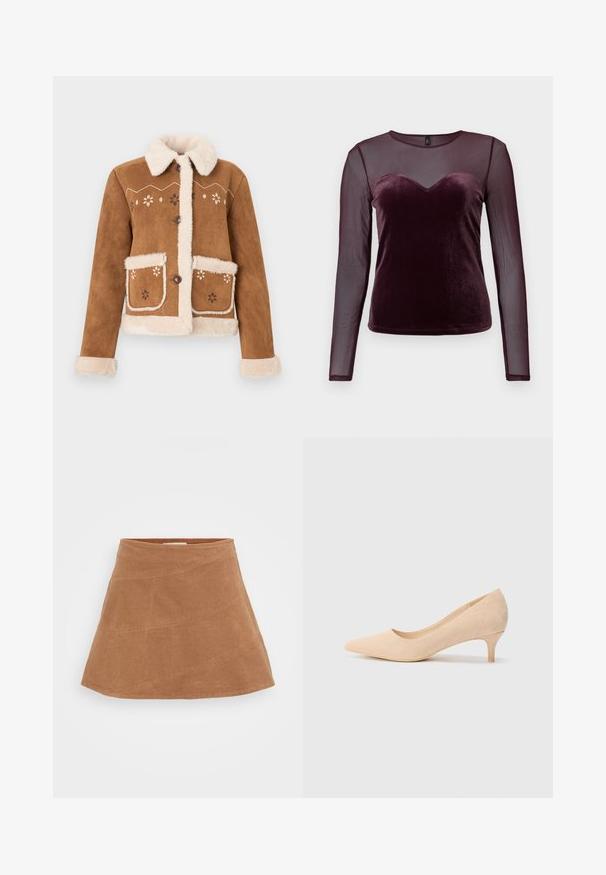 Hnědá semišová bunda s béžovým límcem a manžetami z umělé kožešiny. Na přední straně jsou květinové výšivky a dvě přední kapsy. Zapínání na knoflíky.; Burgundská dlouhá košile s velurovým tělem, srdcovým výstřihem a průhlednými síťovanými rukávy, hladkým povrchem a přiléhavým střihem.; Hnědá kordurová mini sukně s rozšířeným designem, která má šikmé švy a hladkou texturu. Na vrchu je plochý pas.; Beige semišové lodičky na vysokém podpatku s špičatou špičkou a štíhlým podpatkem o výšce 5 cm. Hladký povrch s minimálními detaily na svrchní části.