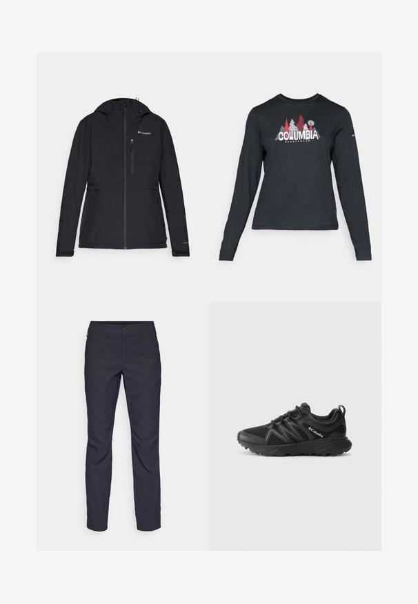 Columbia POWDERED PEAK™ INSULATED JACKET - Suusajakk - black; Pikend varrukatega tumehall särk, millel on punaste puude ja mägede graafika; "COLUMBIA" logo julge valge tekstiga. Pehme kangas, tavaline ümmargune kaelus.; Tumedat sinised püksid sujuva kangaga, millel on esiääre nuppude sulgemine, kitsas lõige ja volditud detailid põlvede piirkonnas.; Columbia PEAKFREAK - Matkajalatsid - black