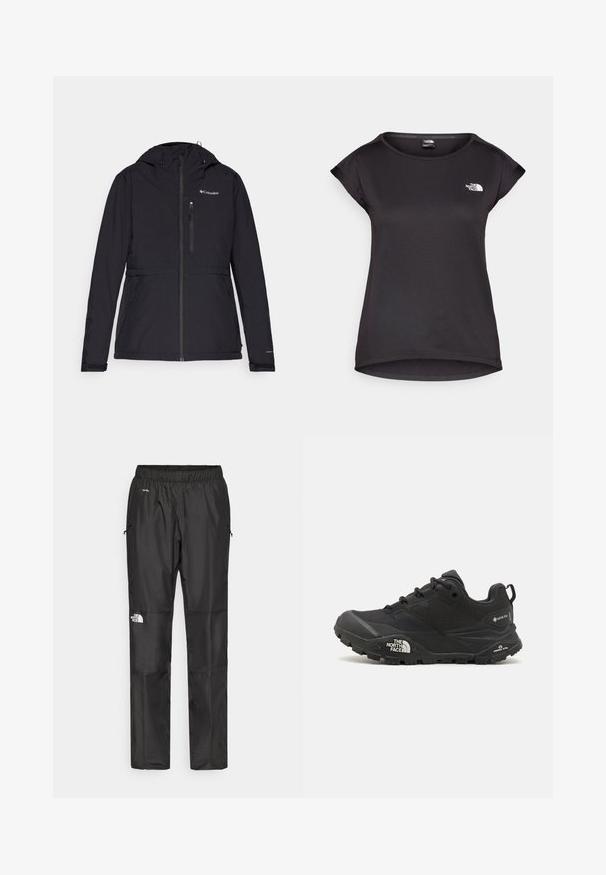 Columbia POWDERED PEAK™ INSULATED JACKET - Ski jas - black; The North Face TANKEN TANK - Sport T-shirt - black; Zwarte waterdichte broek van lichtgewicht stof, uitgerust met een elastische tailleband, zijzakken en een logo op het linkerpijp.; Zwarte wandelschoen met een gestructureerde bovenkant, vetersluiting en een stevige rubberen zool met een opvallend logo aan de zijkant en profielpatronen.
