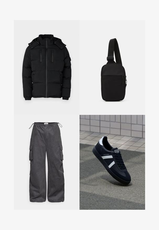 Melnā pūkainā jaka ar augstu apkakli, rāvējslēdzēja aizdari un divām rāvējslēdzēja krūšu kabatām. Ribētās aproces un noņemama kapuce. Gluda auduma tekstūra.; Pelēka ilgām piedurknēm krekls no mīksta auduma, ar apaļu kakla izgriezumu un spiedpogu akcentiem gar plecu, lai piešķirtu papildu detaļu.; Pelēki kravas bikses ar teksturētu audumu, elastīgu jostu, auklu un sānu kabatu detaļām. Brīvs piegriezums ar platām kājām.; Melnā ādas sporta apavi ar baltām svītrām, teksturēta gumijas zole un auklu aizdare. Iekļauj zīmola etiķeti uz mēles.; Melnā krusta soma, kas izgatavota no izturīga auduma, ar vienu regulējamu siksnu, ar rāvējslēdzēju galveno nodalījumu un priekšējo kabatu.