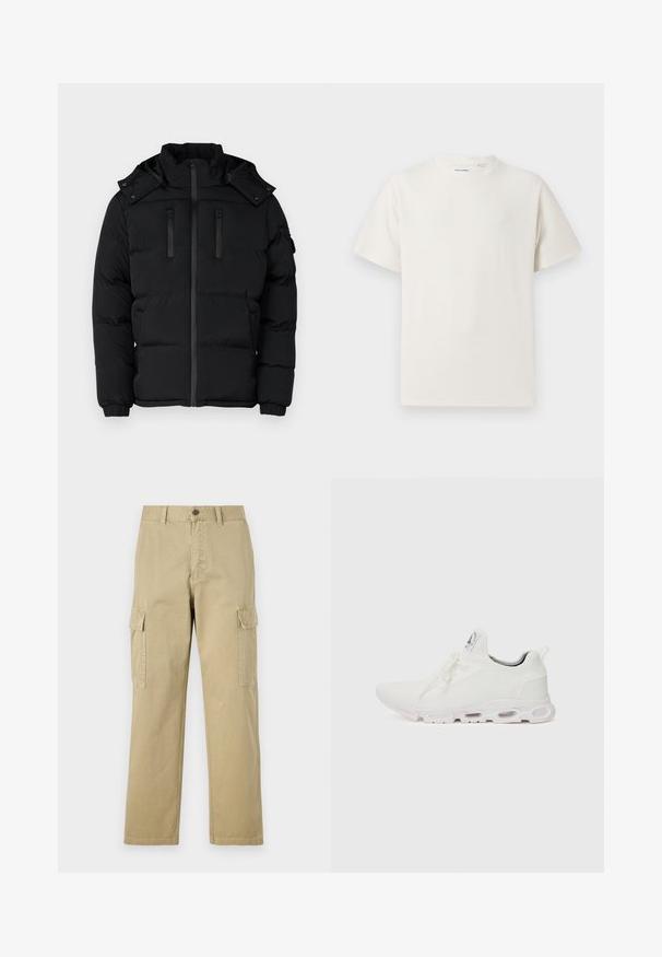 Črna puhovka z visokim ovratnikom, zip zapiranjem in dvema žepoma na prsih z zadrgo. Rebrasti manšeti in snemljiva kapuca. Gladka tekstura tkanine.; Bela majica s kratkimi rokavi iz rebraste tkanine. Okrogli izrez, sproščen kroj, brez vidnih vzorcev ali naglasov. Preprosta in vsestranska zasnova.; Bež hlače s cargo krojem iz bombaža, z dvema stranskima žeparm, gumbom za zapiranje in ravnimi nogavicami iz rahlo teksturirane tkanine.; Bela atletska obuća z značilnom pletenom gornjom stranom, ravnim vezicama i podlogom s jastučićem koja ima vidljive zračne komore za dodatnu potporu.