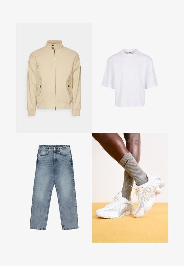 Giacca bomber beige con colletto alto, chiusura con zip e due tasche laterali. Presenta polsini elasticizzati e un tessuto liscio e testurizzato.; Maglietta bianca a maniche corte con scollo rotondo e vestibilità rilassata, realizzata in un morbido tessuto misto cotone. Senza motivi né decorazioni.; Jeans in denim azzurro chiaro con taglio a gamba dritta, cuciture visibili, design a cinque tasche e chiusura a bottoni in vita.; Sneakers Nike bianchi con accenti argento, caratterizzati da pannelli testurizzati e perforazioni. Abbinati a calze grigie a coste, su uno sfondo giallo.