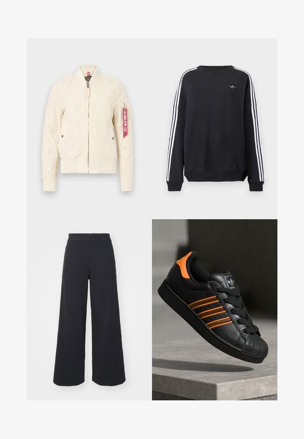 Világos bézs bomberdzseki bordázott mandzsettával és alsó szegéllyel, cipzáras záródással és oldalsó zsebekkel. A ujjon egy piros címke található. Simás textúrájú.; Fekete hosszú ujjú pulóver, fehér csíkokkal mindkét karon, és egy kis szürke logóval a mellkason. Pamut anyagból, kényelmes szabású.; Fekete, bő szárú melegítőnadrág, puha anyagból készült, rugalmas derékkal és egy kis logóval a bal oldalon.; Fekete sportcipő narancssárga részletekkel, három vízszintes csíkkal, texturált bőr felsőrésszel, gumis orral és fekete fűzőkkel.