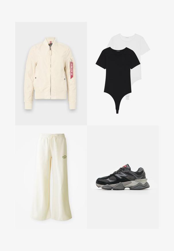 Lichtbeige bomberjack met ribbelmanchetten en onderrand, ritsclosure en zijzakken. Kenmerkt zich door een rode label op de mouw. Glad oppervlak.; Zwart-witte korte mouwen bodysuits met ronde halzen en stringonderdelen, gemaakt van glad, rekbaar stof.; Crème wijde sweatpants met een elastische tailleband en een verstelbare drawstring. Geborduurd groen "Athletic"-tekst op de voorkant. Zachte stof.; Zwarte en grijze sneaker met een mix van suede en mesh materialen, dikke zool, opvallend logo en een rode accent op de tong.