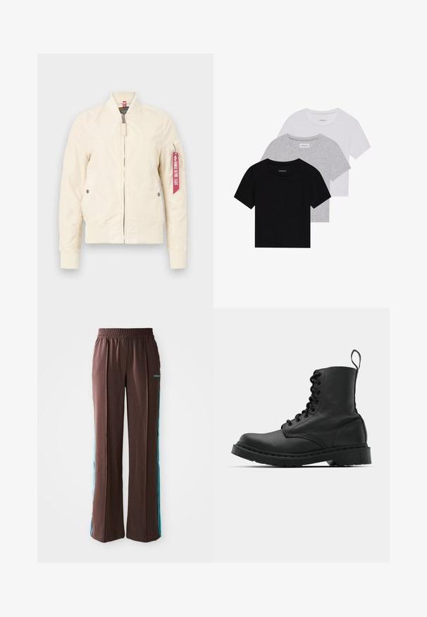 Hellbeige Bomberjacke mit gerippten Bündchen und Saum, Reißverschluss und Seitentaschen. Besitzt ein rotes Etikett am Ärmel. Glatte Textur.; Set aus drei kurzärmeligen T-Shirts in Schwarz, Grau und Weiß. Hergestellt aus Baumwolle, mit Rundhalsausschnitt und einem einfachen, einfarbigen Design.; Braune Sporthosen mit gerippter Textur, elastischem Bund und türkisfarbenen Seitenstreifen. Mit dem adidas-Logo auf der Vorderseite.; Schwarzer Lederkampfstiefel mit runder Zehenpartie, Schnürung vorne und einer Zuglasche am Knöchel. Verfügt über eine dicke Gummisohle für Langlebigkeit.