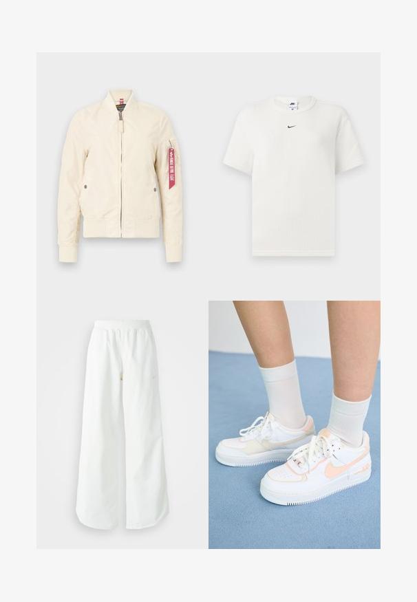 Svetlo bež bombaška jakna z rebrastimi manšetami in robom, z zadrgo in stranskimi žepi. Ima rdečo oznako na rokavu. Gladka tekstura.; Bela rebrasta majica s okruglim izrezom i kratkimi rukavi. Ima mali crni Nike logo na prsima. Tekstilirani materijal s prilagođenim oblikom.; Bela športna hlače širokega kroja z rebrastim pasom in diskretno logotipno podrobnostjo. Gladek material z sproščenim krojem in zoženim robom.; Bele tenevke z breskevimi poudarki, gladka usnjena zgornja površina, perforiran prst, teksturiran podplat in vezalke. Uporabljene z belimi nogavicami na modri površini.