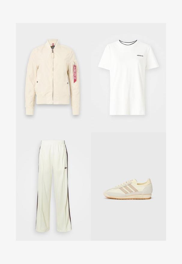 Világos bézs bomberdzseki bordázott mandzsettával és alsó szegéllyel, cipzáras záródással és oldalsó zsebekkel. A ujjon egy piros címke található. Simás textúrájú.; Fehér pamut póló rövid ujjakkal és kerek nyakkivágással. A mellkason egy fekete Adidas logó található, valamint kontrasztos fekete belső gallér.; Krémszínű, laza szabású melegítőnadrág, sötétbarna oldalsávokkal és hímzett logóval a bal combon.; Krém színű sportcipő, három bézs csíkkal, velúr és textil anyagokból, texturált talppal és dombornyomott márkázással a saroknál.