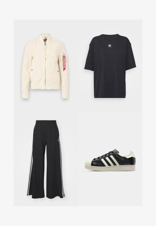 Light beige bomber jacket with ribbed cuffs and hem, zip closure, and side pockets. Features a red tag on the sleeve. Smooth texture.; Black cotton t-shirt with short sleeves, round neckline, features a white Adidas logo on the chest. Simple design, relaxed fit.; Black wide-leg sweatpants with an elastic waistband, featuring white side stripes and an embroidered logo on the left thigh.; Black leather sneaker with white stripes, rubber toe cap, black laces, and a cream-colored outsole. Smooth texture with shiny finish.