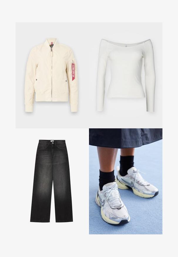 Világos bézs bomberdzseki bordázott mandzsettával és alsó szegéllyel, cipzáras záródással és oldalsó zsebekkel. A ujjon egy piros címke található. Simás textúrájú.; Fehér, vállig lecsúszott, hosszú ujjú felső, bordázott anyagból készült. Testhez simuló dizájn, sima textúrával és egyenes szegéllyel.; YOURTURN UNISEX - Túlméretezett farmernadrág - black denim; Fehér és ezüst Nike sportcipők hálós anyagból, fényvisszaverő részletekkel és bézs talppal. Fekete zoknival viselve, egy kék felületen állva.